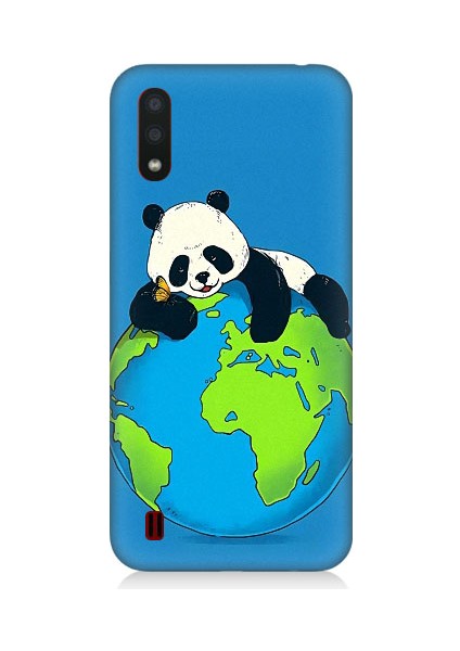 Samsung Galaxy A01 Uyumlu Yorgun Panda ve Dünya Desenli Silikon Kılıf
