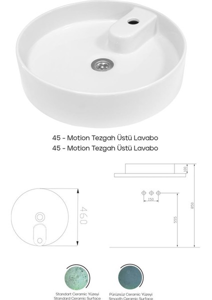 Motion 45 cm Tezgah Üstü Lavabo Beyaz modelleri