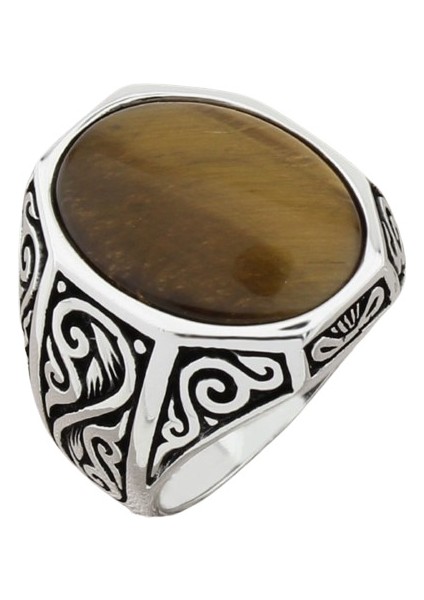Erkek Yüzük Gümüş 925 Ayar Kaplangözü Taşlı