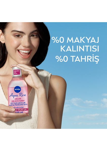 NIVEA Aqua Rose Organik Gül Suyu İçeren Çift Fazlı Makyaj Temizleme Suyu 400ml, Tüm cilt tipleri için, Yüz Göz ve Dudak Temizleme, Tonik Etkisi