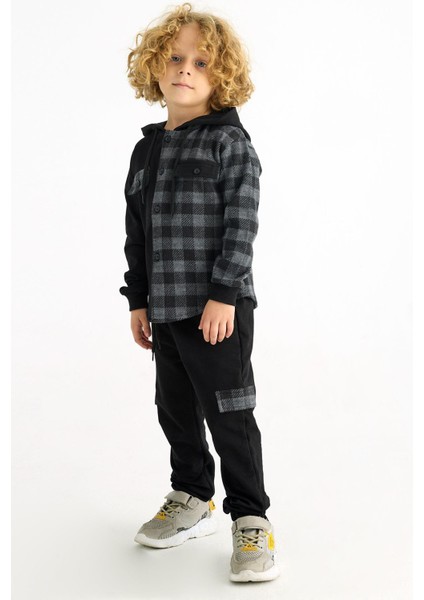 Kapüşonlu Uzun Kol Ekoselı Ceplı Antrasit Renk Erkek Çocuk Esofman Takım