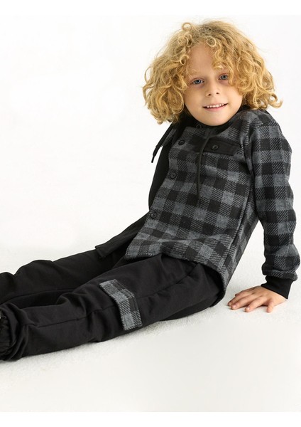 Kapüşonlu Uzun Kol Ekoselı Ceplı Antrasit Renk Erkek Çocuk Esofman Takım fiyatları