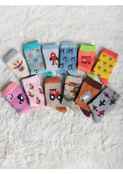 Organik Penye Pamuk Desenli 12'li Çocuk Çorabı