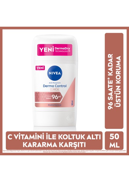 Kadın Stick Deodorant Derma Control Clinical 50ml, 96 Saat Koruma, Terleme ve Koltuk Altı Kararma Karşıtı, C Vitamini