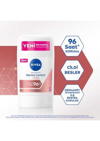 Kadın Stick Deodorant Derma Control Clinical 50ml, 96 Saat Koruma, Terleme ve Koltuk Altı Kararma Karşıtı, C Vitamini