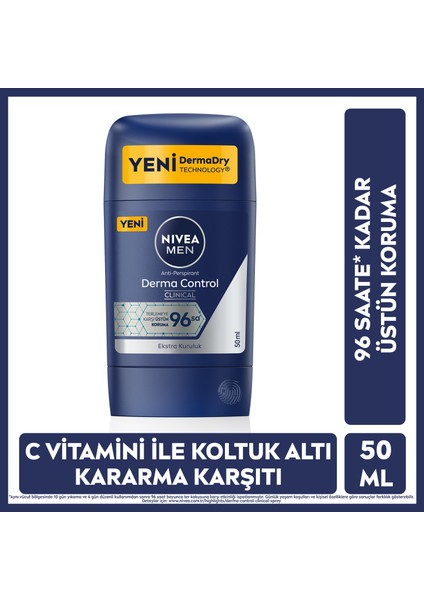 MEN Erkek Stick Deodorant Derma Control Clinical 50 ml, 96 Saat Koruma, Terleme Karşıtı, C Vitamini