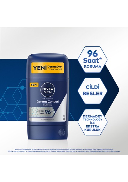 MEN Erkek Stick Deodorant Derma Control Clinical 50 ml, 96 Saat Koruma, Terleme Karşıtı, C Vitamini