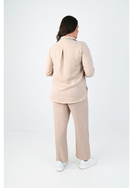 Kadın Büyük Beden Keten Kumaş Polo Yaka Ikili Takım 8071-24