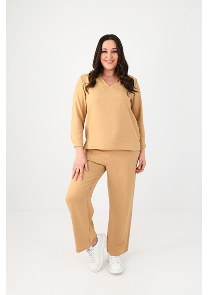 Kadın Büyük Beden Keten Kumaş Polo Yaka Ikili Takım 8071-24