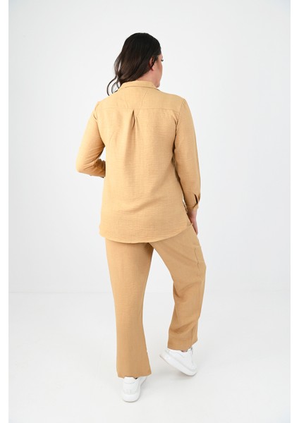 Kadın Büyük Beden Keten Kumaş Polo Yaka Ikili Takım 8071-24 modelleri