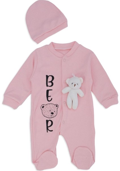 Kız Bebek Bear Yazı Baskılı Şapkalı Ayı Oyuncaklı Kız Tulum 2'Li