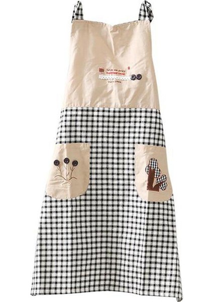 Klasik Nakış Önlük Ekose Kadın Ilmek Mutfak Şef Önlük Elbise Cep Hediyeler Omuz Askısı Tarzı Gri (Yurt Dışından)