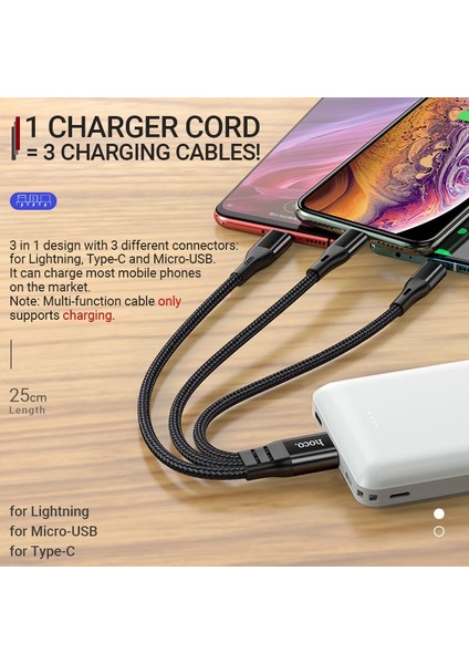 Hoco 3 In 1 USB Kablosu Kısa 3in1 Lightning Mikro USB C Tipi Tel iPhone Samsung Xiaomi Için USB C Şarj Kablosu Hızlı Şarj (Yurt Dışından)