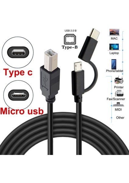 Mikro USB 2.0 + Tip C Erkek USB 2.0 Tip-B Erkek Otg Kablo Telefon Yazıcı Tarayıcı Için Elektronik Piyano ve Elektronik Davul (Yurt Dışından)