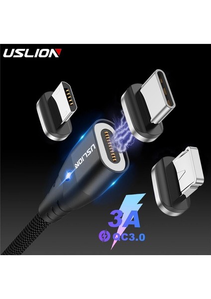 Uslıon 3A Manyetik Kablo Mikro USB Tip-C Şarj Veri Kablosu Tel Mıknatıs Hızlı Şarj Cihazı iPhone Samsung Xiaomi Huawei Cep (Yurt Dışından)