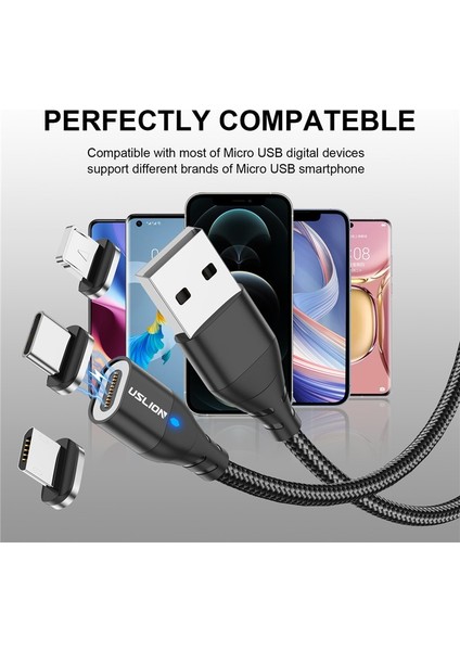 Uslıon 3A Manyetik Kablo Mikro USB Tip-C Şarj Veri Kablosu Tel Mıknatıs Hızlı Şarj Cihazı iPhone Samsung Xiaomi Huawei Cep (Yurt Dışından)