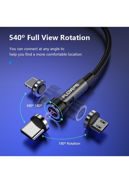 Floveme 540 Döndür Manyetik Kablo 3A USB C Kablosu iPhone 12 11 Hızlı Tip C Mikro USB Kablosu Xiaomi 10 S Veri Şarj Kablosu (Yurt Dışından) fırsatları