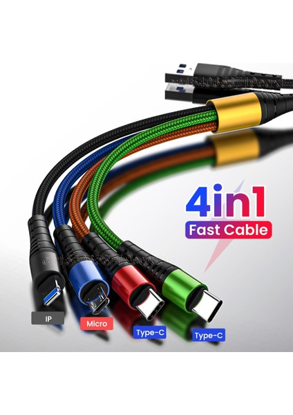 In 1 USB Tip C Kablo iPhone 14 13 12 11 Pro 3in1 2in1 Mikro USB Şarj Kablosu Mikro USB Kablosu Huawei Samsung Için 1.2 M (Yurt Dışından)