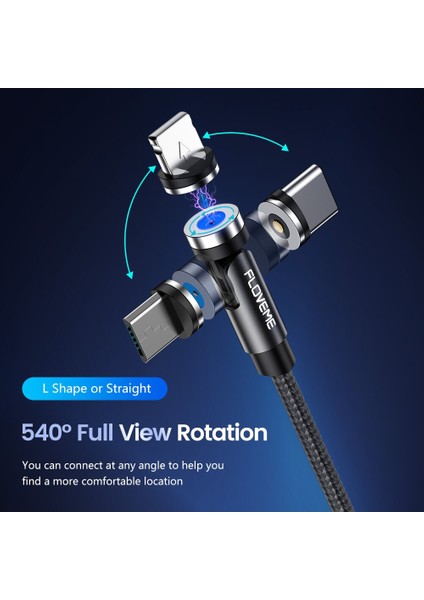 Floveme USB C Kablosu 540 Derece Tip C Döndür Manyetik Kablo Mıknatıs Şarj Cihazı Mikro USB Telefon Aksesuarları iPhone Xiaomi 11 (Yurt Dışından)