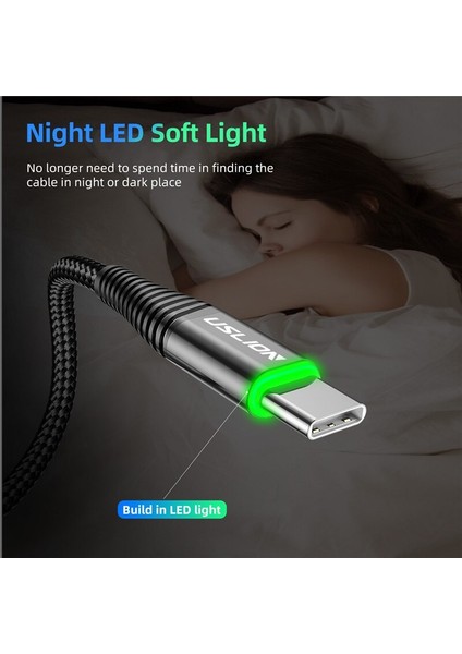 Uslıon USB C Tipi Kablo 3A Hızlı Şarj Kablosu Tip-C Samsung Xiaomi Huawei Için USB C Cep Telefonu Kablosu Şarj Cihazı LED Kablosu (Yurt Dışından)