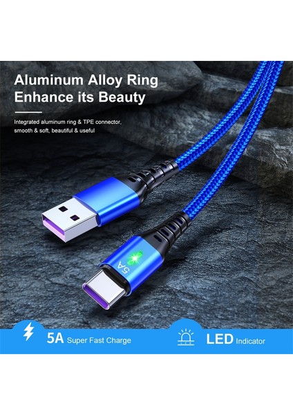 Lovebay LED 5A USB C Tipi Kablo Samsung S21 Xiaomi 11 Huawei P40 Cep Telefonu Hızlı Şarj Usb-C Şarj Aleti Kablosu Veri Kablosu (Yurt Dışından)