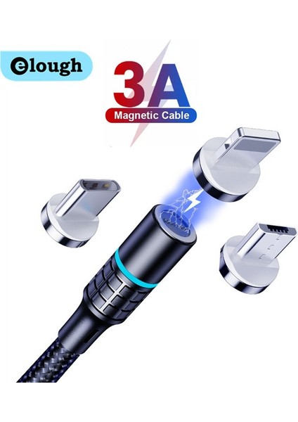 Elough Hızlı Manyetik Şarj Mikro USB Kablosu iPhone Samsung Xiaomi Için 3A Hızlı Manyetik Telefon Şarj Kablosu C Tipi Kablo (Yurt Dışından)
