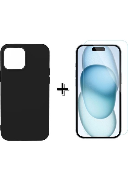 iPhone 15 Pro Liquid Içi Kadife Lansman Silikon Kılıf + Temperli Cam Ekran Koruyucu