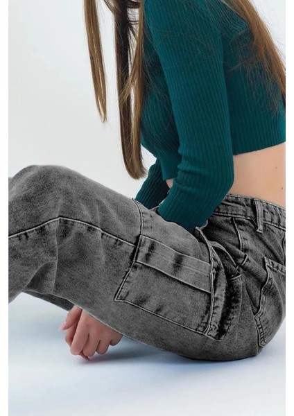 Kız Çocuk Kargo Cep Detaylı Yüksek Bel Wide Leg Kot Pantolon fırsatları