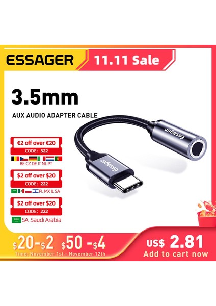 Essager USB Tip C 3.5 Jack Kulaklık Adaptörü USB C - 3.5mm Kulaklık Aux Ses Adaptör Kablosu Huawei P30 Xiaomi Mi 10 9 (Yurt Dışından)
