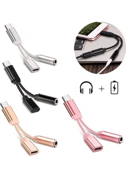 2 In 1 Usb-C Tip C 3.5mm Aux Ses Şarj Kablosu Adaptörü Splitter Kulaklık Jakı USB Tip-C Adaptör Kablosu Xiaomi Huawei Için (Yurt Dışından)