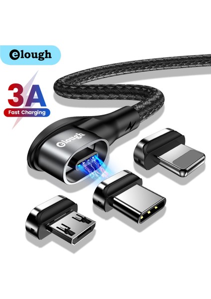 Elough 90 Derece Manyetik Kablo Mikro USB C Tipi Şarj Kablosu iphone Samsung 3A Hızlı Mıknatıs Şarj Veri Kablosu USB C Kablosu (Yurt Dışından)