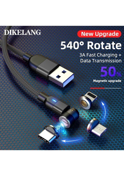 Tipi Kablo 540° Dönüş Manyetik Şarj Kablosu Manyetik Kablo 3ın1 Manyetik Telefon Şarj Cihazı Uyumlu Mikro USB Iphone Kablosu (Yurt Dışından)