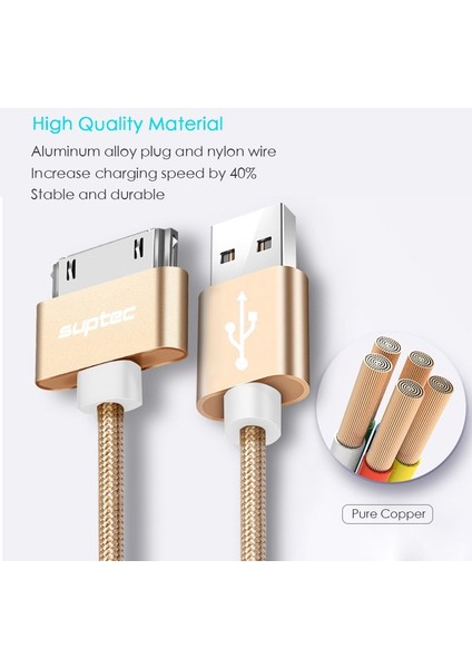 Suptec 30 Pin USB Kablosu iPhone 4s Için 4 Metal Tıpa Naylon Örgülü Tel Şarj Aleti Kablosu 2.4A Hızlı Şarj Veri Senkronizasyon Kablosu iPad 2 Için (Yurt Dışından) fiyatları
