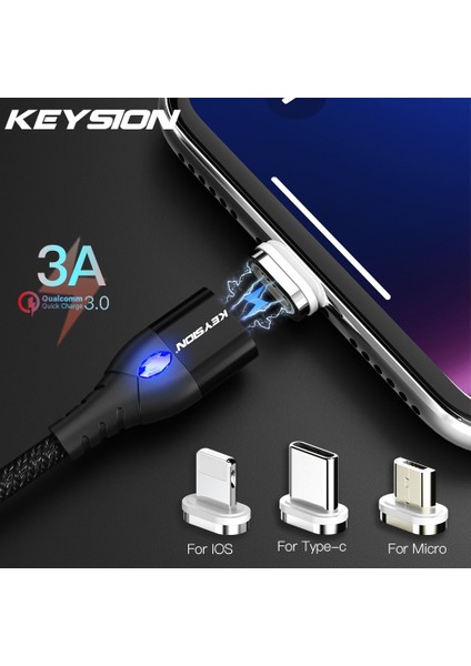Keysıon 3A Manyetik USB Kablosu iPhone Mikro USB Tipi C Kablo Hızlı Şarj Mıknatıslı Şarj Cihazı Mikro USB Kablosu Samsung Xiaomi Için (Yurt Dışından)