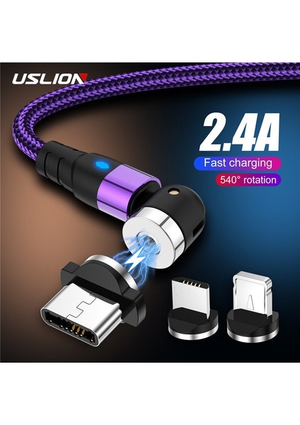 Uslıon Manyetik Kablo Mikro USB 540 Rotasyon Şarj Tipi C LED Elmas Lamba iPhone 13 12 Pro Max Samsung Xiaomi Mi 11 (Yurt Dışından)