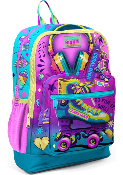 Kids Pembe Turkuaz Kulaklık Paten Desenli Okul Sırt Çantası 23754