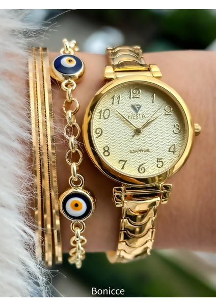 Rakamlı Sarı Kadran Gold Renk Çelik Kordon Nişan , Düğün Gelin Kadın Kol Saati+Nazar Boncuklu Bileklik
