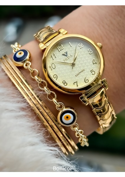 Rakamlı Sarı Kadran Gold Renk Çelik Kordon Nişan , Düğün Gelin Kadın Kol Saati+Nazar Boncuklu Bileklik fiyatları
