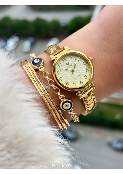 Rakamlı Sarı Kadran Gold Renk Çelik Kordon Nişan , Düğün Gelin Kadın Kol Saati+Nazar Boncuklu Bileklik modelleri