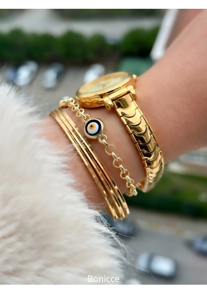 Rakamlı Sarı Kadran Gold Renk Çelik Kordon Nişan , Düğün Gelin Kadın Kol Saati+Nazar Boncuklu Bileklik