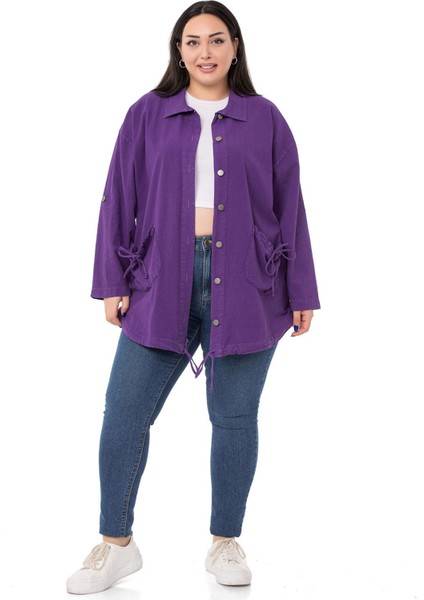 Büyük Beden Katlamalı Kollu Cebi Büzgü Detaylı Uzun Mor Ceket