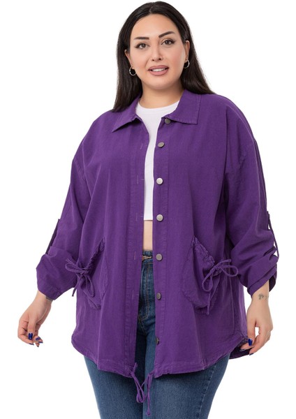 Büyük Beden Katlamalı Kollu Cebi Büzgü Detaylı Uzun Mor Ceket fiyatları