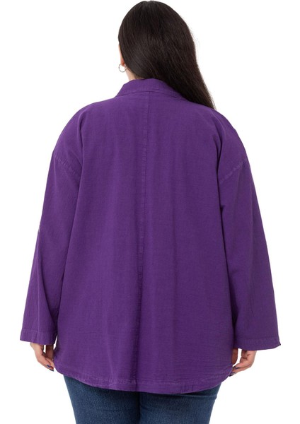 Büyük Beden Katlamalı Kollu Cebi Büzgü Detaylı Uzun Mor Ceket modelleri