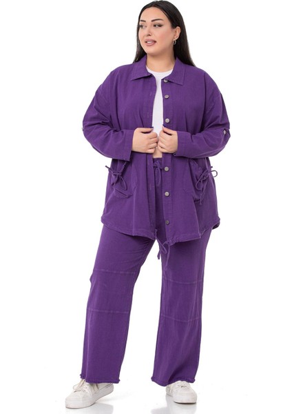 Büyük Beden Katlamalı Kollu Cebi Büzgü Detaylı Uzun Mor Ceket fırsatları