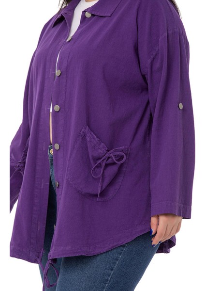 Büyük Beden Katlamalı Kollu Cebi Büzgü Detaylı Uzun Mor Ceket indirimleri