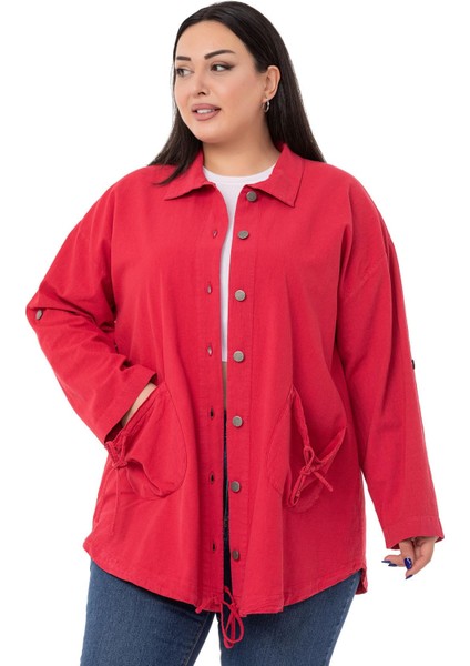 Büyük Beden Katlamalı Kollu Cebi Büzgü Detaylı Uzun Kırmızı Ceket fiyatları