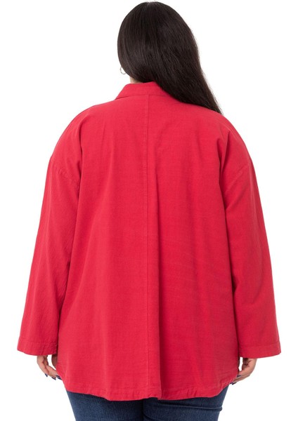 Büyük Beden Katlamalı Kollu Cebi Büzgü Detaylı Uzun Kırmızı Ceket modelleri