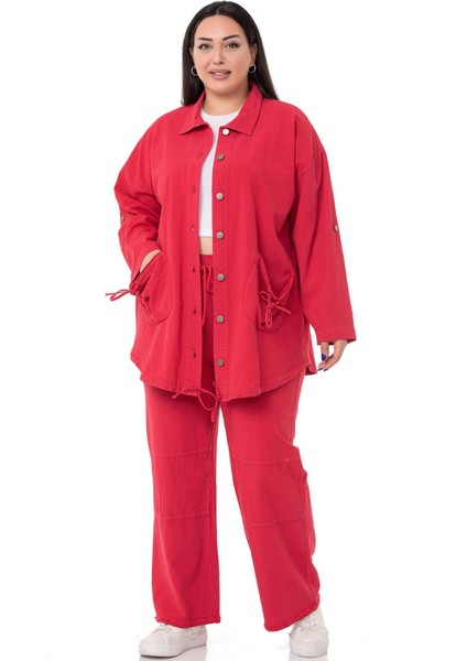 Büyük Beden Katlamalı Kollu Cebi Büzgü Detaylı Uzun Kırmızı Ceket fırsatları