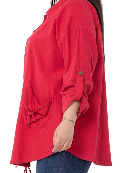 Büyük Beden Katlamalı Kollu Cebi Büzgü Detaylı Uzun Kırmızı Ceket indirimleri