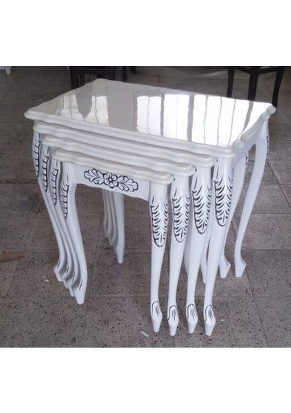 Plum Lükens Oymalı Zigon Sehpa Beyaz Lake Eskitme